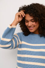 Kaffe Curve stribet strik blå/hvid KCmilla Knit Pullover Faded Denim Sand Stripe lille slids i siderne