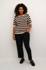 Kaffe curve strikket t-shirt brede striber sort beige KCkala Knit Pullover Feather G/Black Stripe