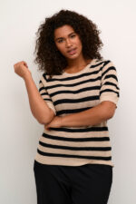 Kaffe curve strikket t-shirt brede striber sort beige KCkala Knit Pullover Feather G/Black Stripe