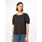 Pieces sort stribet t-shirt med pufærmer PCPENNY 2/4 O-NECK TOP CAMP MM Black Fossil