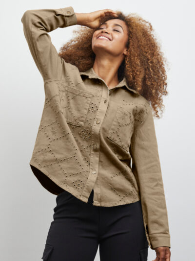 Sorbet SBrose jacket plaza taupe skjorte jakke med hullet mønster brystlommer knappelukning