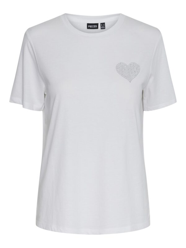 Pieces hvid t-shirt med et lille hjerte af rhinestone på brystet PCANITA SS TEE BC Bright White RHINESTONE HEART