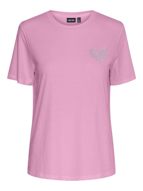 Pieces pink t-shirt kortærmet rund halsudskæring PCANITA SS TEE BC rism Pink RHINESTONE HEART