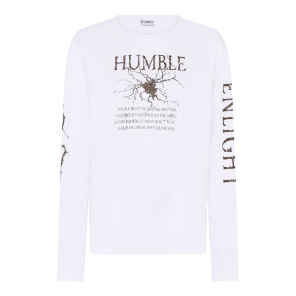 Humble langærmet hvid t-shirt med print og skrift der krakelerer HELLAHBS L/S TEE White