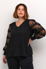 Kaffe Curve Black KCellis Blouse sort langærmet bluse med blonder