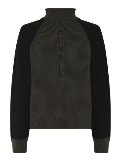 Humble IshaHbs pullover Forest night combi sort og mærkegrøn strik med reglan ærmer og høj hals