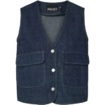 Blå denim vest PIECES PCFABIA SL V-NECK DENIM VEST D2D FSY Dark Blue