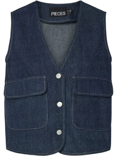 Blå denim vest PIECES PCFABIA SL V-NECK DENIM VEST D2D FSY Dark Blue