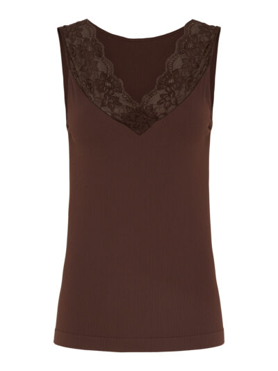 Brun rib top med v-hals blondekant Tim & Simonsen Belen rib v-lace Top Cioccolato