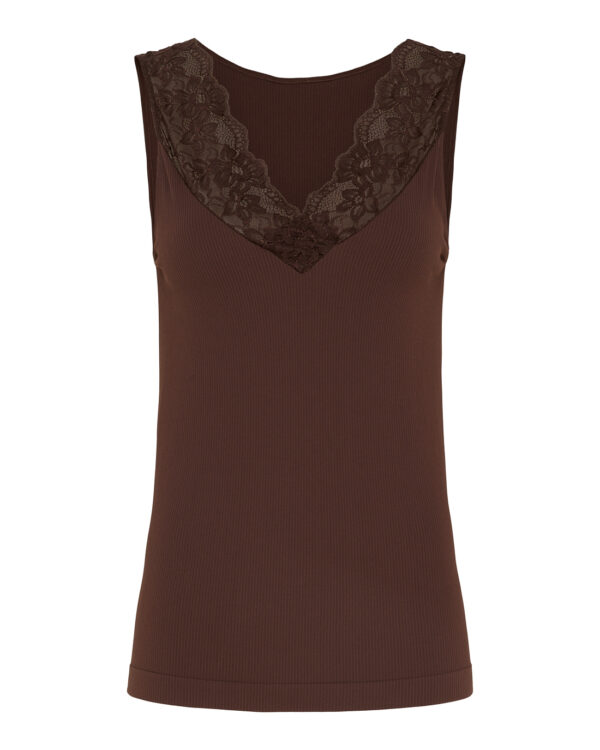 Brun rib top med v-hals blondekant Tim & Simonsen Belen rib v-lace Top Cioccolato