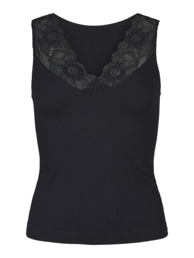 Sort rib top med v-hals blondekant Tim & Simonsen Belen rib v-lace Top Nero