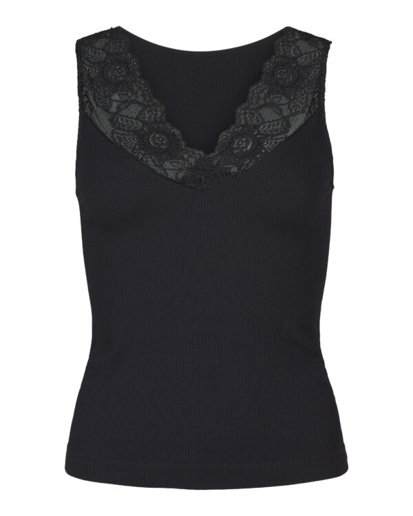 Sort rib top med v-hals blondekant Tim & Simonsen Belen rib v-lace Top Nero