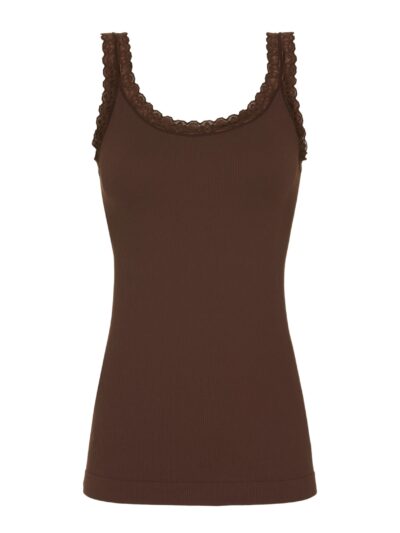 Brun top med blondetaljer ved stropperne Tim & Simonsen Frida rib Top Cioccolato