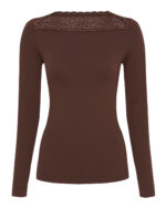 Brun rib bluse med blondedetaljer ved halsen Tim & Simonsen Anita rib T-shirt LS Cioccolato