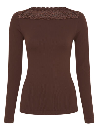 Brun rib bluse med blondedetaljer ved halsen Tim & Simonsen Anita rib T-shirt LS Cioccolato