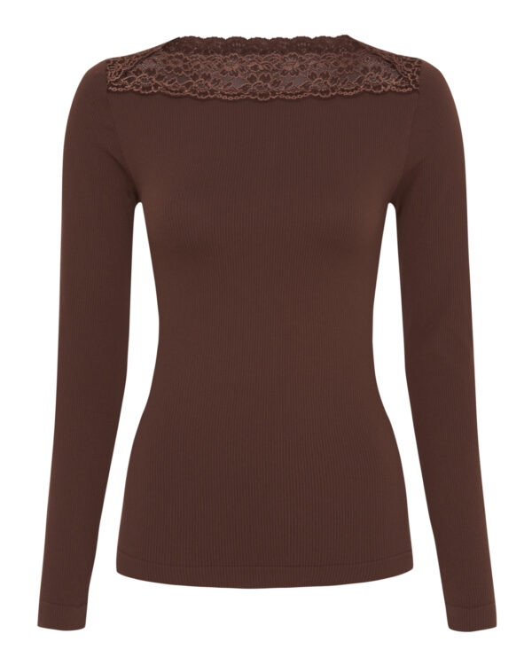 Brun rib bluse med blondedetaljer ved halsen Tim & Simonsen Anita rib T-shirt LS Cioccolato