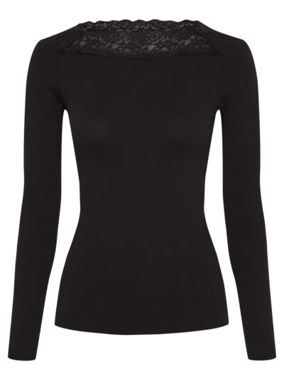 Sort rib bluse med blondedetaljer ved halsen Tim & Simonsen Anita rib T-shirt LS Nero