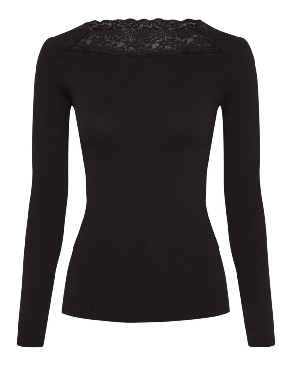 Sort rib bluse med blondedetaljer ved halsen Tim & Simonsen Anita rib T-shirt LS Nero