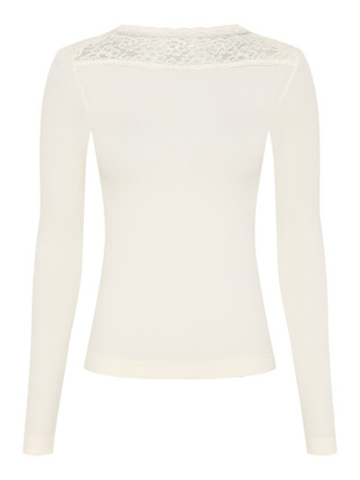 Lys beige rib bluse med blondedetaljer ved halsen Tim & Simonsen Anita rib T-shirt LS Panna