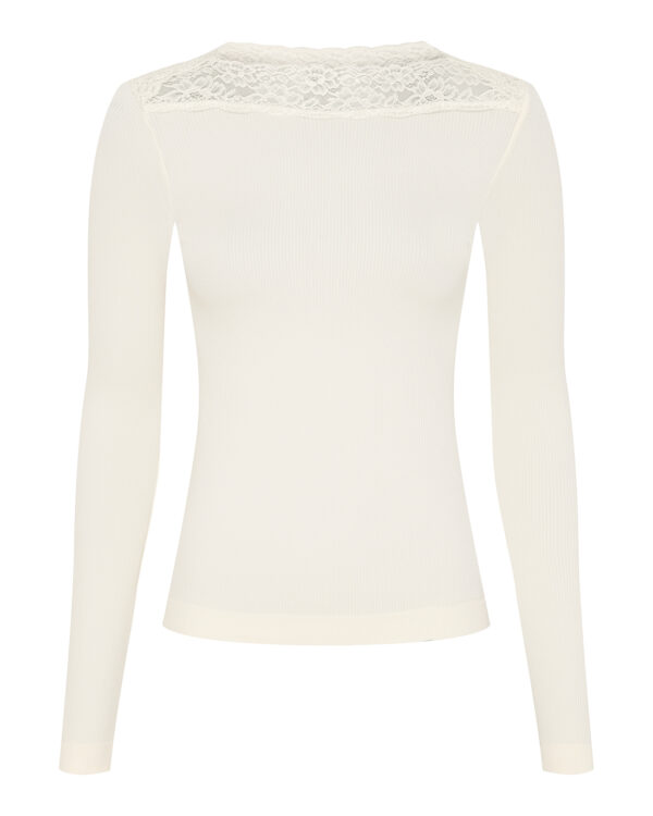 Lys beige rib bluse med blondedetaljer ved halsen Tim & Simonsen Anita rib T-shirt LS Panna