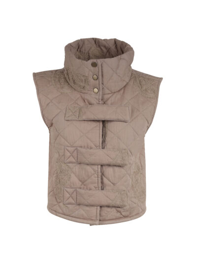 NÜ Elm wood Xelia Vest beige quiltet vest med høj hals og paisleybroderi