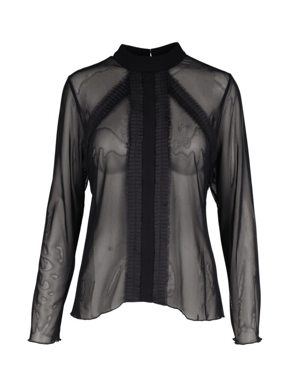 NÜ Black Xantal Blouse RECYCLED langærmet sort bluse i mesh med flæsedetaljer foran