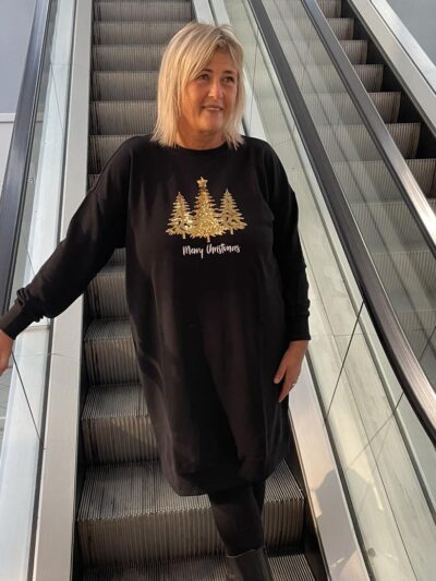 ONLY Carmakoma Black FRONT PRINT GOLD CHRISTMAS TREES Midi Dress CARXMAS LS O-NECK DRESS SWT JRS