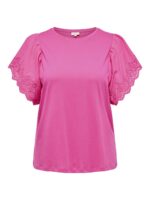 pink top med blonder på ærmerne. ONLY Carmakoma CARHELENA Top | Fuchsia