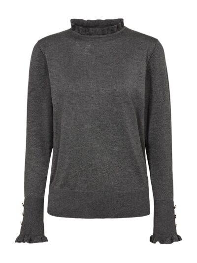 Grå strik med høj hals og flæsedetaljer på hals og ærmekanter samt similisten på ærmerne. Freequent FQKATIE-PULLOVER Dark Grey Melange