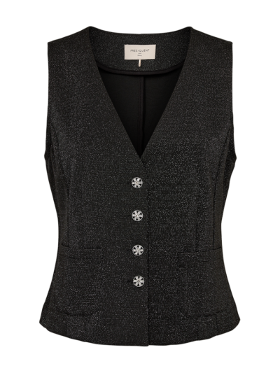 Fronten af Glitrende sort vest med sølv knapper Freequent FQNANNILUX-WAISTCOAT Black w Silver