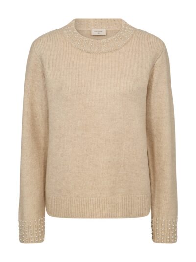 Beige strik med perler ved halsudskæringen og ærmekanterne FQPEARL-PULLOVER Moonbeam Melange