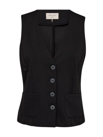 Fronten af klassisk sort vest med v-hals, knapper og lommer. Freequent FQNANNI-WAISTCOAT Black