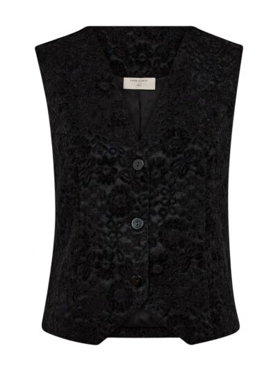 model med sort vest fra Freequent med velourblondekvalitet og blomstermønster. Freequent FQGRY-WAISTCOAT Black