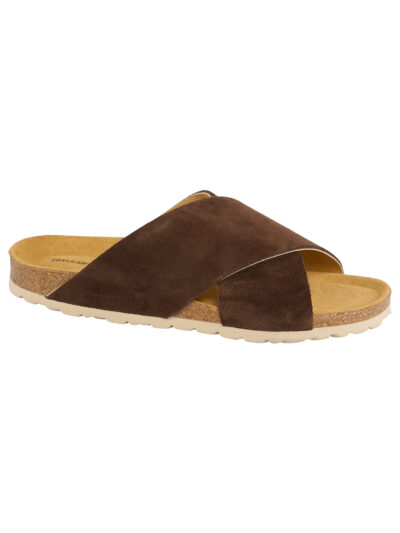brun sandal med krydsende remme i ruskind. Tim & Simonsen Annet Nature Marron