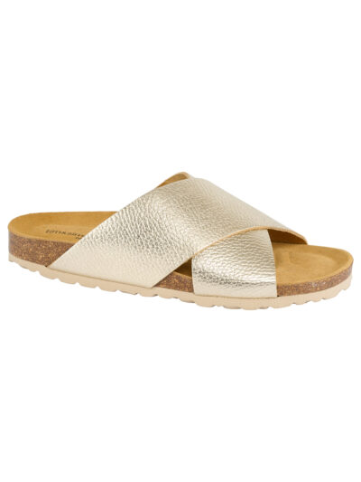 sandal med krydsende remme i metallic læder. Tim & Simonsen Annet Nature Platino