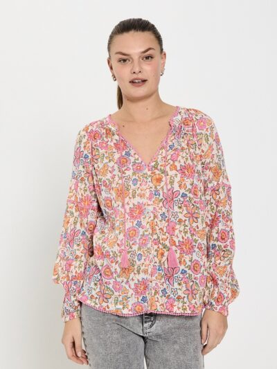 lyserød bluse med blomstermønster Freequent Star off-white w Fuchsia Pink FQCARIN-BLOUSE