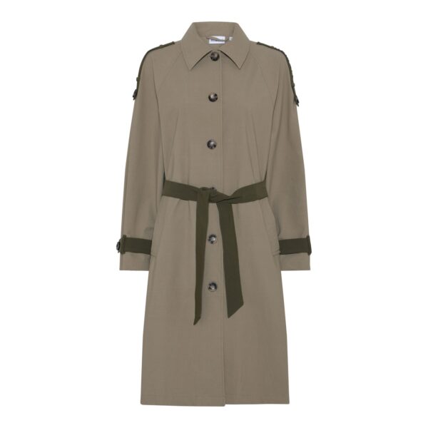 beige trenchcoat jakke med army grønne skulderstropper og bundebånd i taljen. Humble JulesHbs jacket Khaki combi