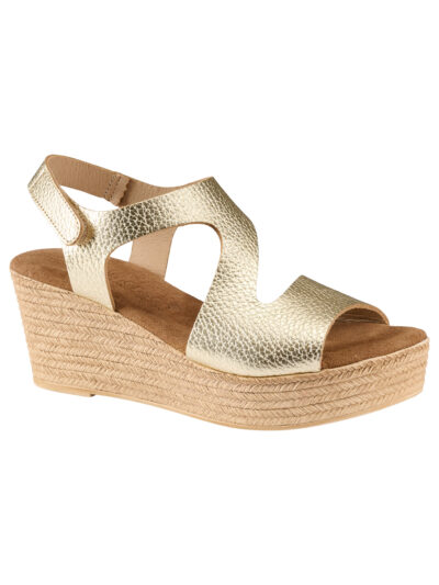 metallic skind sandal med kilehæl på 7 cm og en front på 3 cm. Tim & Simonsen Katia Nature Platino