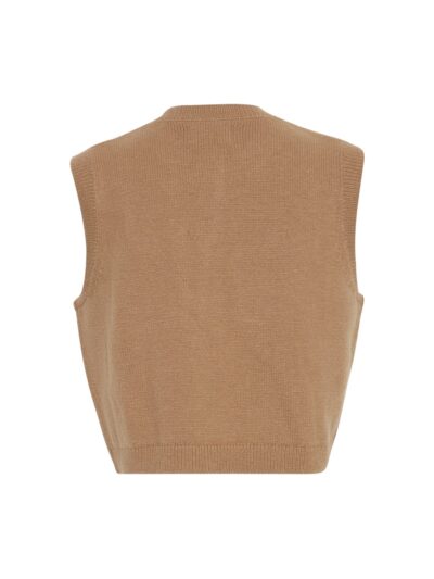 ryggen af brun vest i strik med knappelukning og brystlommer. MOSS Copenhagen MSCHMarica Carina Vest Ermine