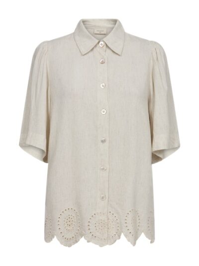 kortærmet beige skjorte bluse med broderi forneden Freequent Moonbeam Melange FQLINUS-BLOUSE