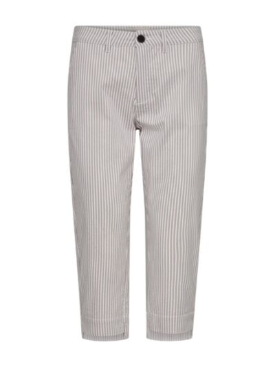 stribet beige bukser med lille forskudt slids på buksebenet. Freequent Simply Taupe w Star Off-white FQREX-CAPRI