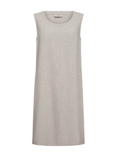 foran på beige kjole uden ærmer med rund hals og knappelukning på ryggen. Freequent Simply Taupe w Off-white FQLAVA-DRESS
