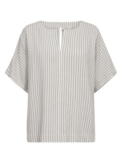 Stribet beige t-shirt med korte ærmer og lille åbning på ryggen. Freequent Star Off-white w Simply Taupe FQLAVISCO-BLOUSE