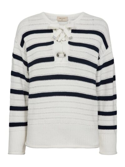 stribet strik i hvid/blå med brede ribkanter og snøre ved halsudskæringen. Freequent Star Off-white Navy Blazer FQSAIL-PULLOVER