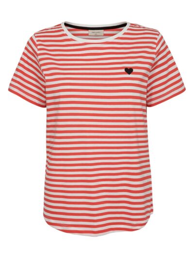kortærmet stribet t-shirt i rød hvid med sort hjerte på brystet. Freequent Off-white Bittersweet FQMIAN-TEE