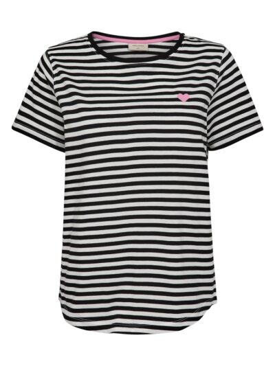 kortærmet stribet t-shirt sort hvid med lyserød hjerte på brystet. Freequent Black Off-white FQMIAN-TEE