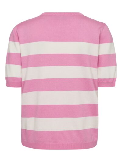 ryggen af kortærmet lyserød t-shirt med brede hvide striber. Freequent Pink Off-White FQPIXIE-PULLOVER