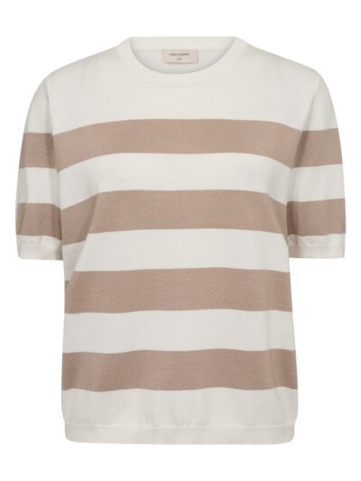finstrikket hvid t-shirt med brede beige striber. Freequent Off-white Simply Taupe FQPIXIE-PULLOVER
