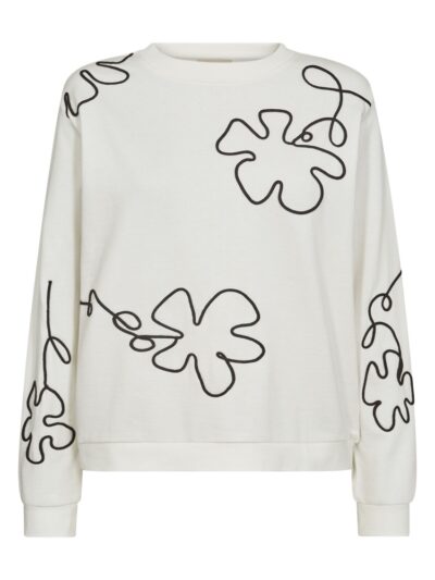 hvid sweatshirt med rund hals og blomstermønster i et sort outline broderi. Freequent FQNALE-PULLOVER Star Off-white w. Black