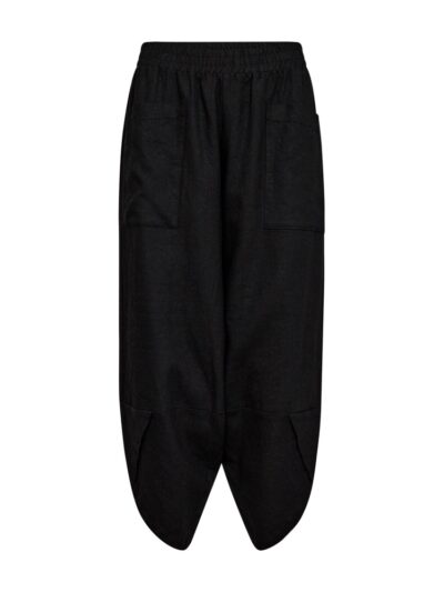 sorte bukser med elastik i taljen og bukseben med et asymmetrisk snit. Freequent Black FQLAVA-PANTS